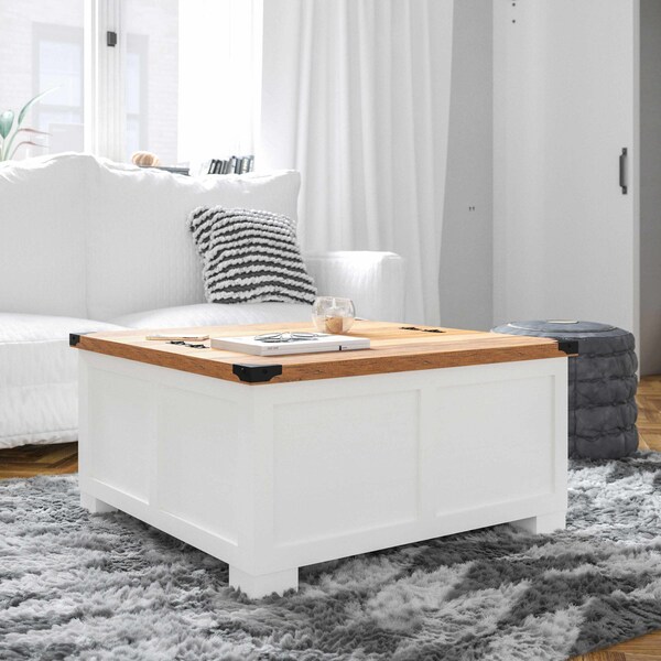 Flash Furniture Wyatt 35.75in Farmhouse Storage Coffee Table, Hinged Lift Top, Hidden Storage, White/Rustic Oak ZG-ZP-030-WT-GG - main